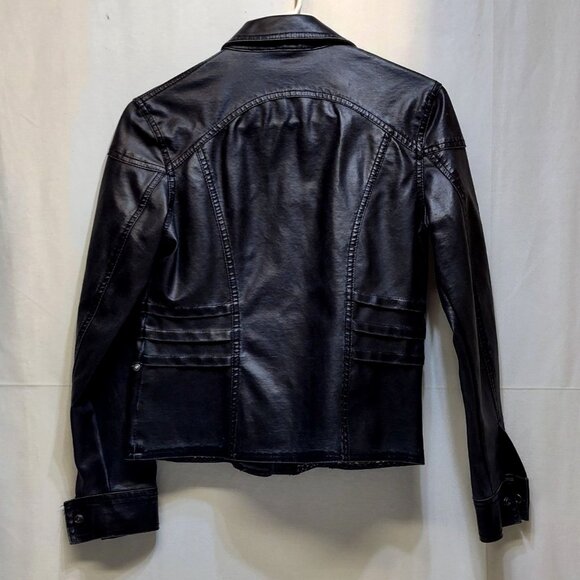 Paris Blue Faux Leather Jacket Small (3-5) Snap Buttons Leopard Trim Detail VGC - Picture 4 of 14